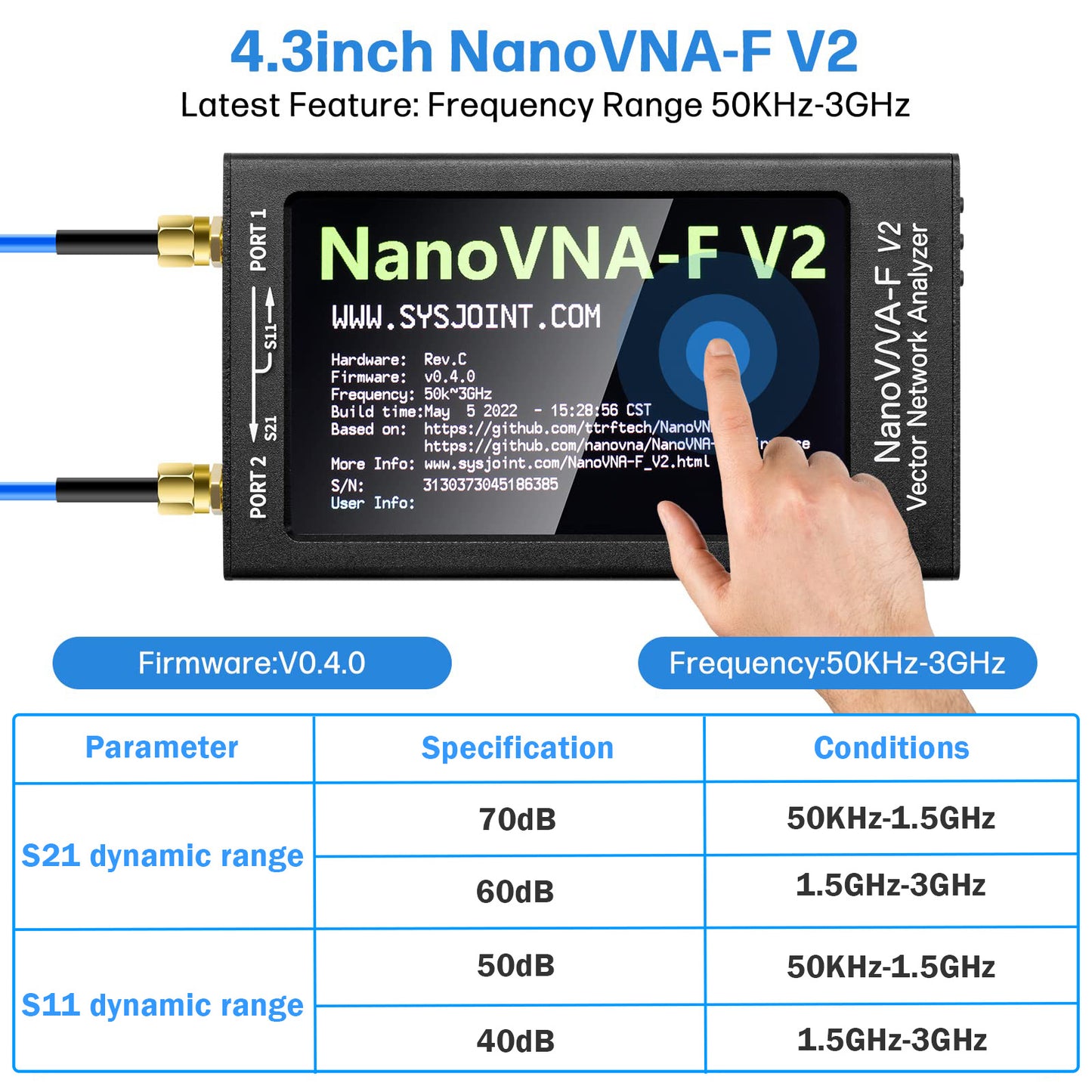 AURSINC NanoVNA-F V2 Vector Network Analyzer 4.3inch 50KHz-3GHz HF VHF UHF Antenna Analyzer Ham Radio, 5000mAh Battery, Measuring S-Parameters Voltage Standing Wave Ratio Phase Delay Smith Chart