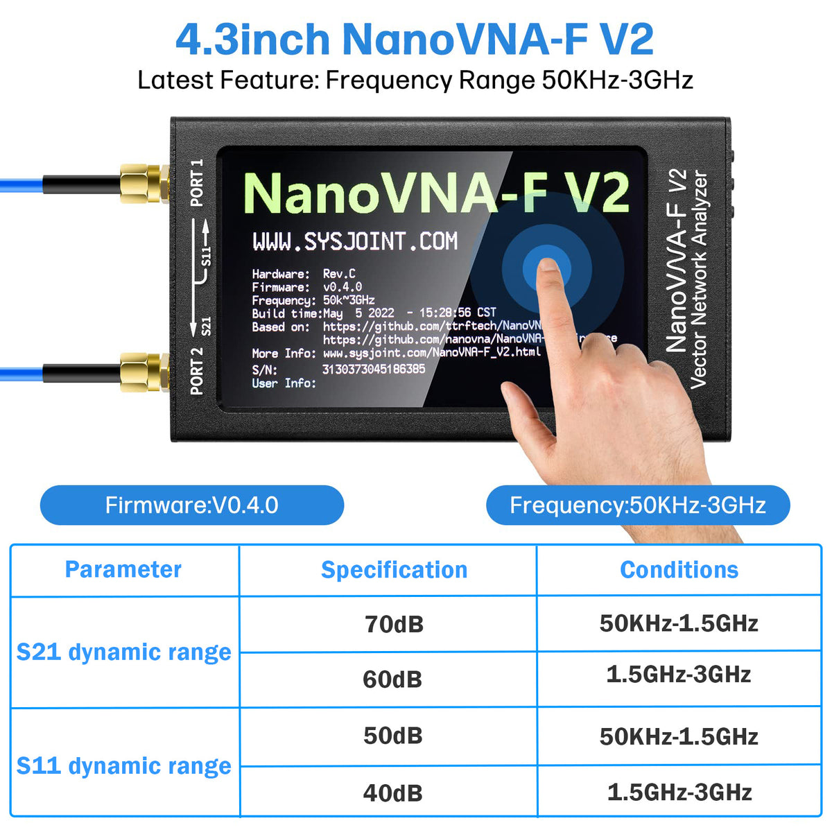 AURSINC NanoVNA-F V2 Vektor-Netzwerkanalysator, 4,3 Zoll, 50 kHz – 3 GHz, HF, VHF, UHF, Antennenanalysator, Amateurfunk, 5000 mAh Akku, Messung der S-Parameter, Spannung, Stehwellenverhältnis, Phasenverzögerung, Smith-Diagramm 