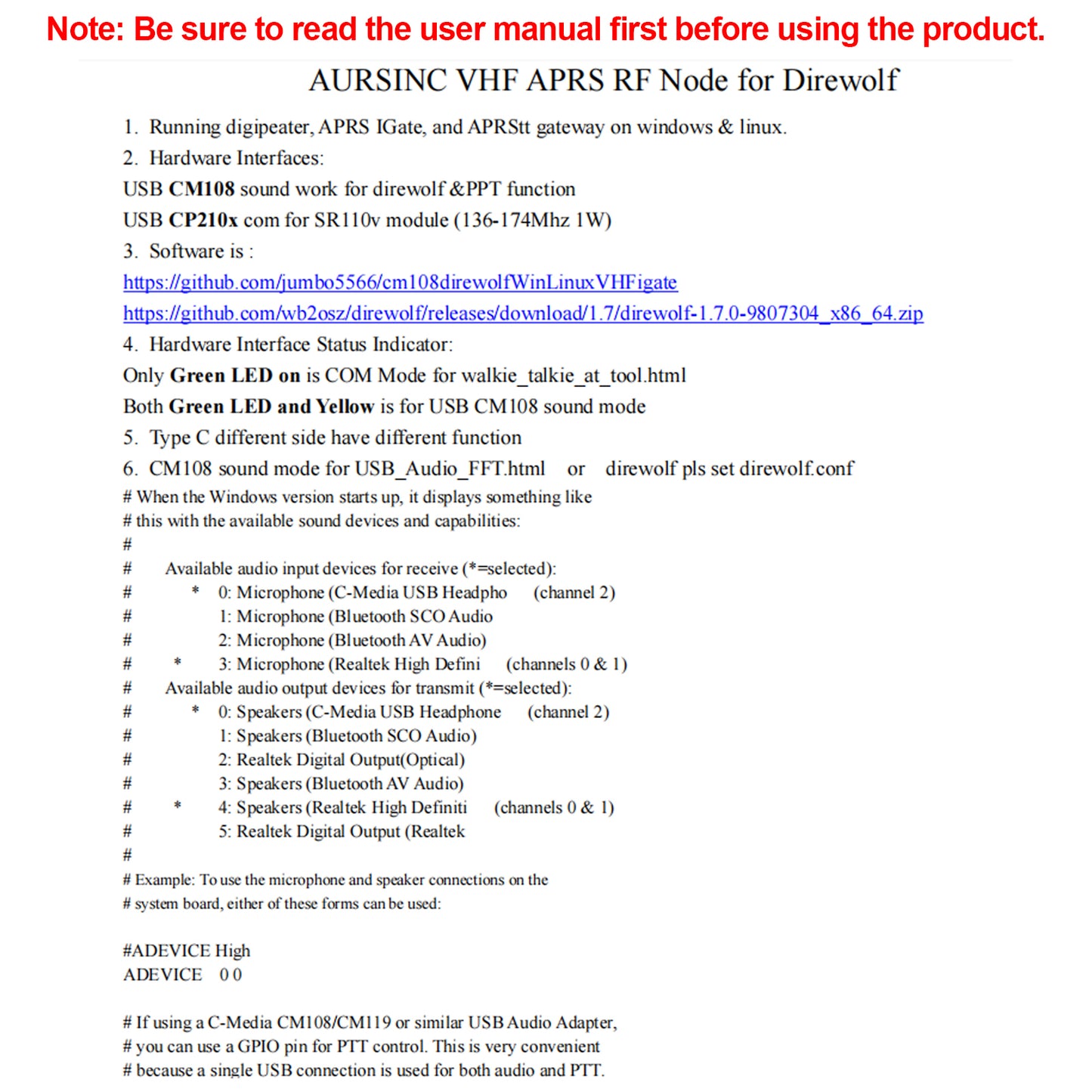 AURSINC VHF APRS RF Node for Direwolf, USB CM108 Sound Work for Direwolf & PPT Function, USB CP210x Com for SR110v Module (136-174Mhz 1W), Compatible for RPi 2/3/4/5