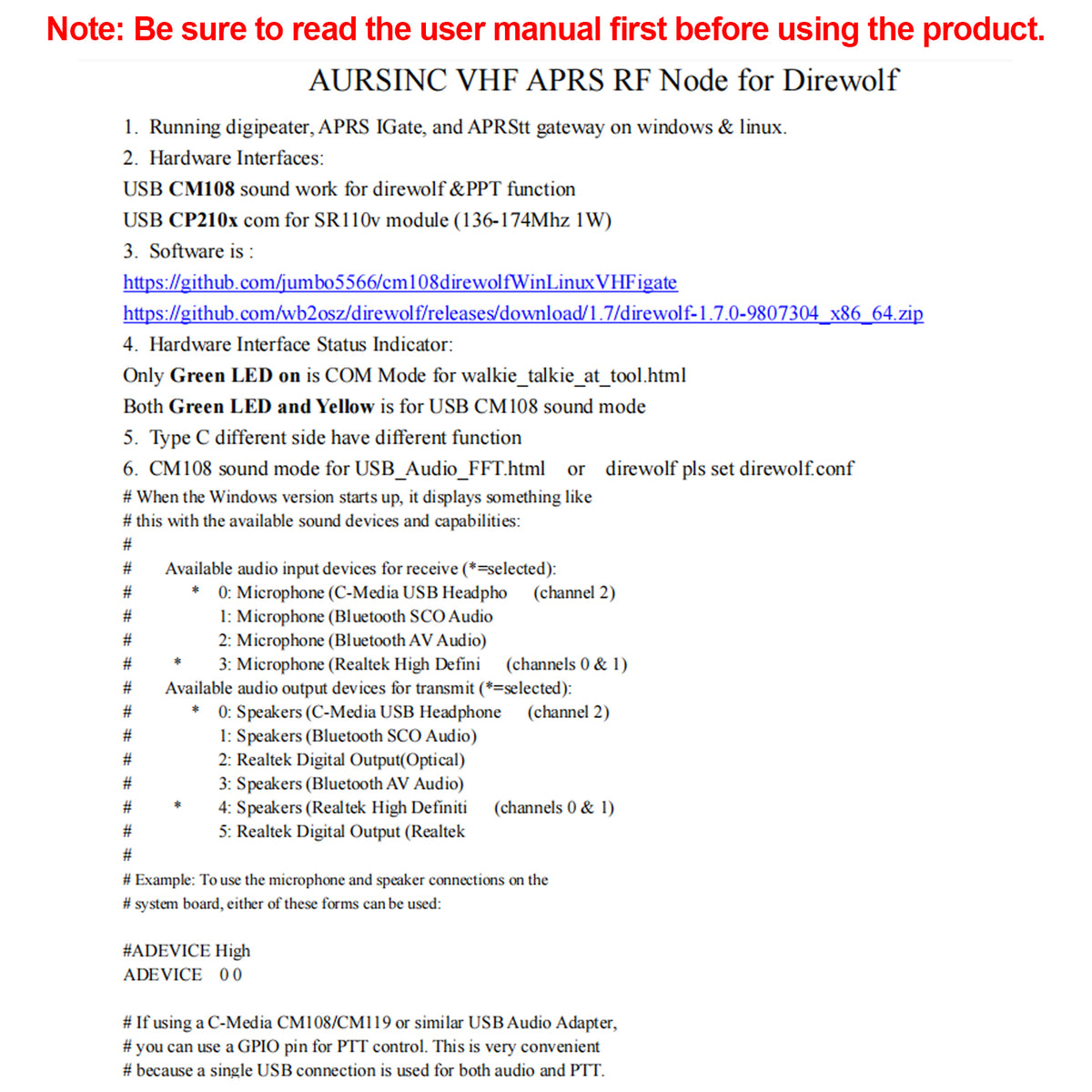 AURSINC VHF APRS RF Node for Direwolf, USB CM108 Sound Work for Direwolf & PPT Function, USB CP210x Com for SR110v Module (136-174Mhz 1W), Compatible for RPi 2/3/4/5