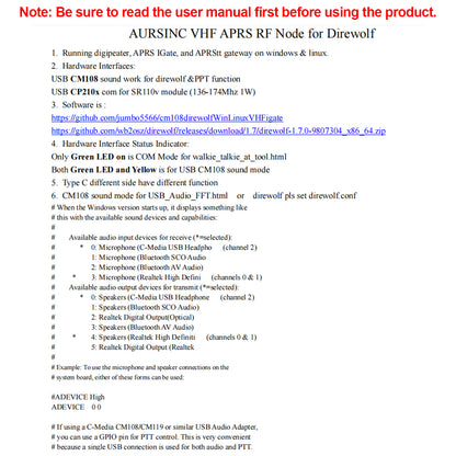 AURSINC VHF APRS RF Node for Direwolf, USB CM108 Sound Work for Direwolf & PPT Function, USB CP210x Com for SR110v Module (136-174Mhz 1W), Compatible for RPi 2/3/4/5
