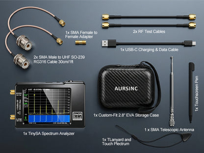 AURSINC TinySA Spectrum Analyzer with EVA Case, 2pcs RG316 SMA to UHF Cable, 100kHz‑960MHz Handheld Frequency Analyzer, 2.8" Touchscreen, with Storage Bag, RG316 SMA to UHF SO-239 RF Coaxial Cable