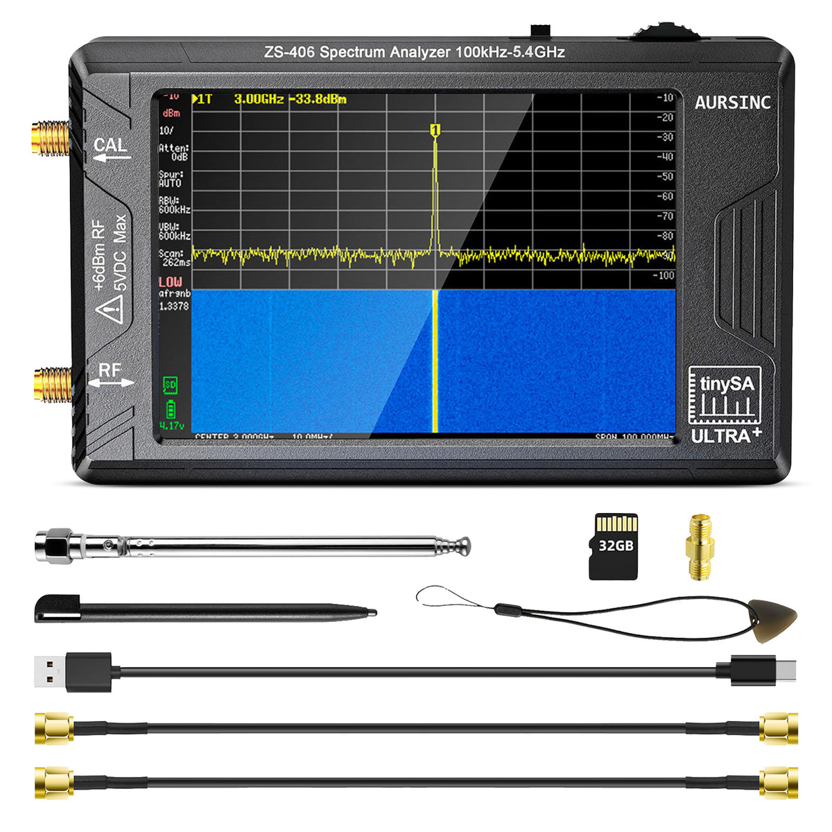 AURSINC TinySA Ultra+ ZS406 Spectrum Analyzer, 4.0 Inch 100kHz-5.4GHz with 32Gb Card, HW V0.4.6, 2-in-1 Signal Generator Input