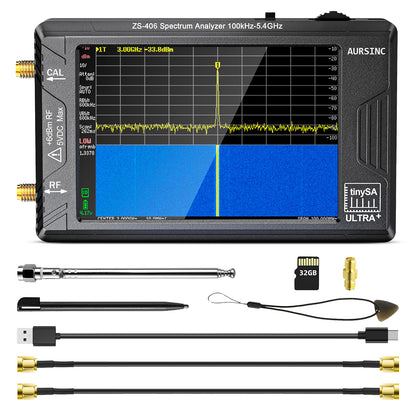 AURSINC TinySA Ultra+ ZS406 Spectrum Analyzer, 4.0 Inch 100kHz-5.4GHz with 32Gb Card, HW V0.4.6, 2-in-1 Signal Generator Input