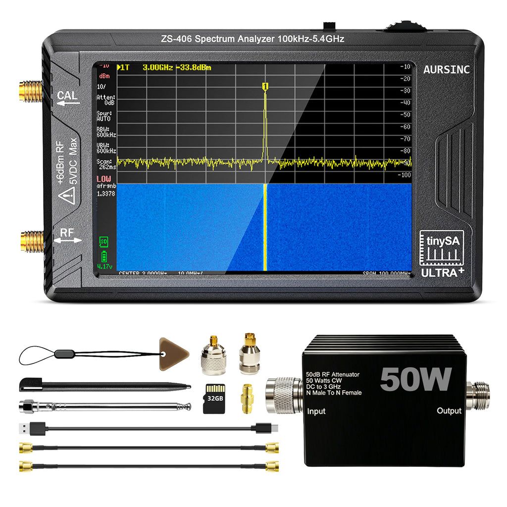 AURSINC TinySA Ultra+ ZS406 with 50W N-Type RF Attenuator, 100kHz-5.4GHz, DC-3GHz 50dB RF Attenuator Kit for Ham Radio & RF Signal Testing