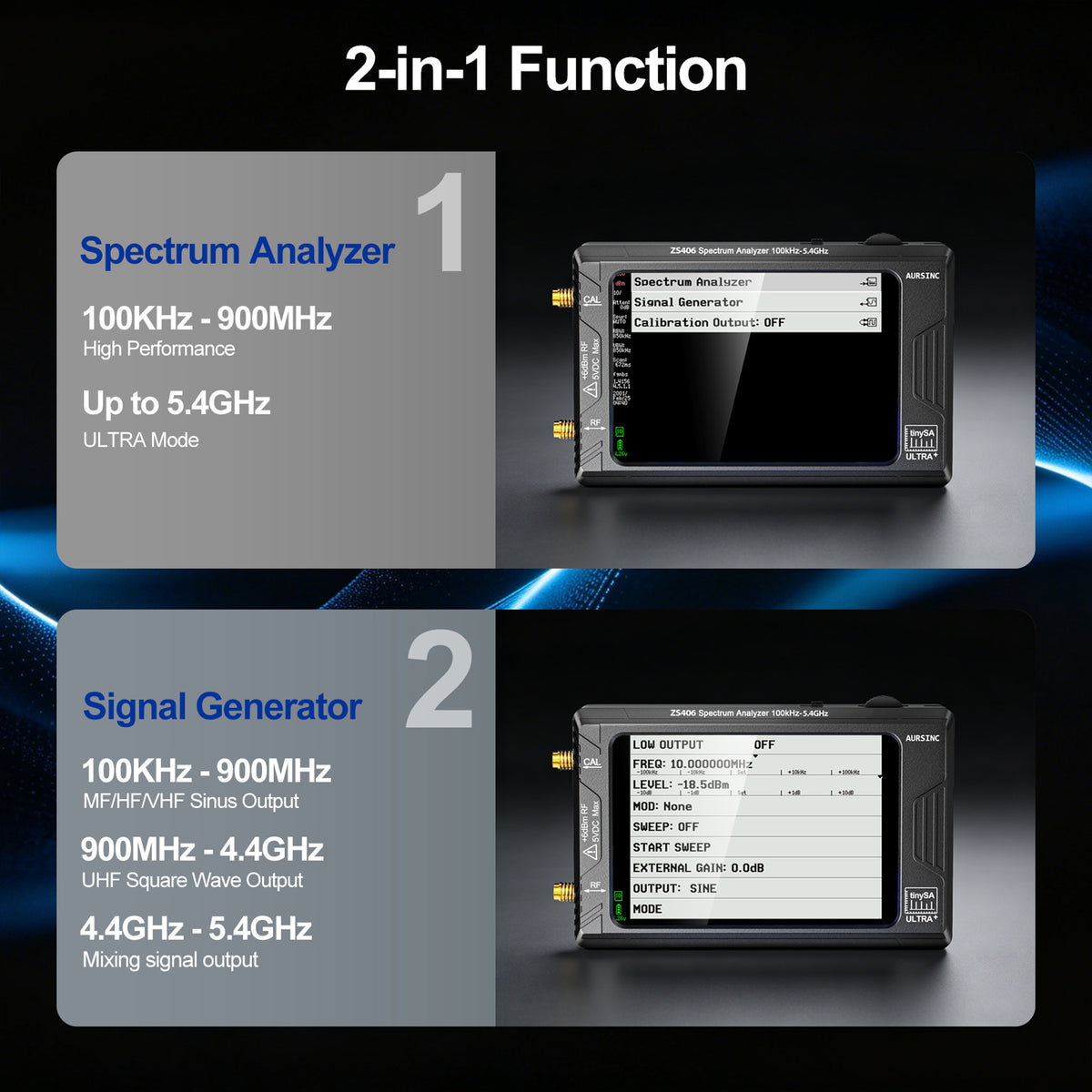 AURSINC TinySA Ultra+ ZS406 Spectrum Analyzer, 4.0 Inch 100kHz-5.4GHz with 32Gb Card, HW V0.4.6, 2-in-1 Signal Generator Input
