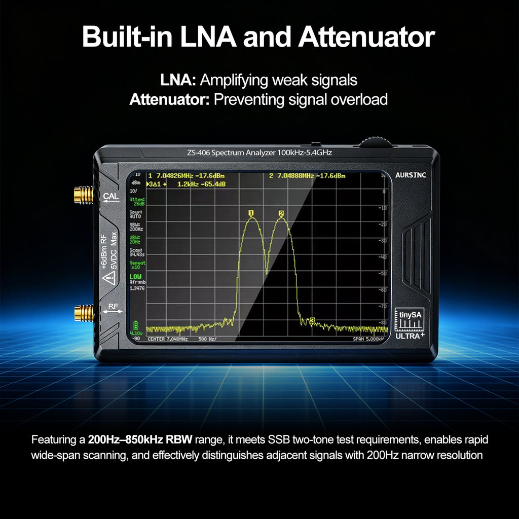 AURSINC TinySA Ultra+ ZS406 with 50W N-Type RF Attenuator, 100kHz-5.4GHz, DC-3GHz 50dB RF Attenuator Kit for Ham Radio & RF Signal Testing