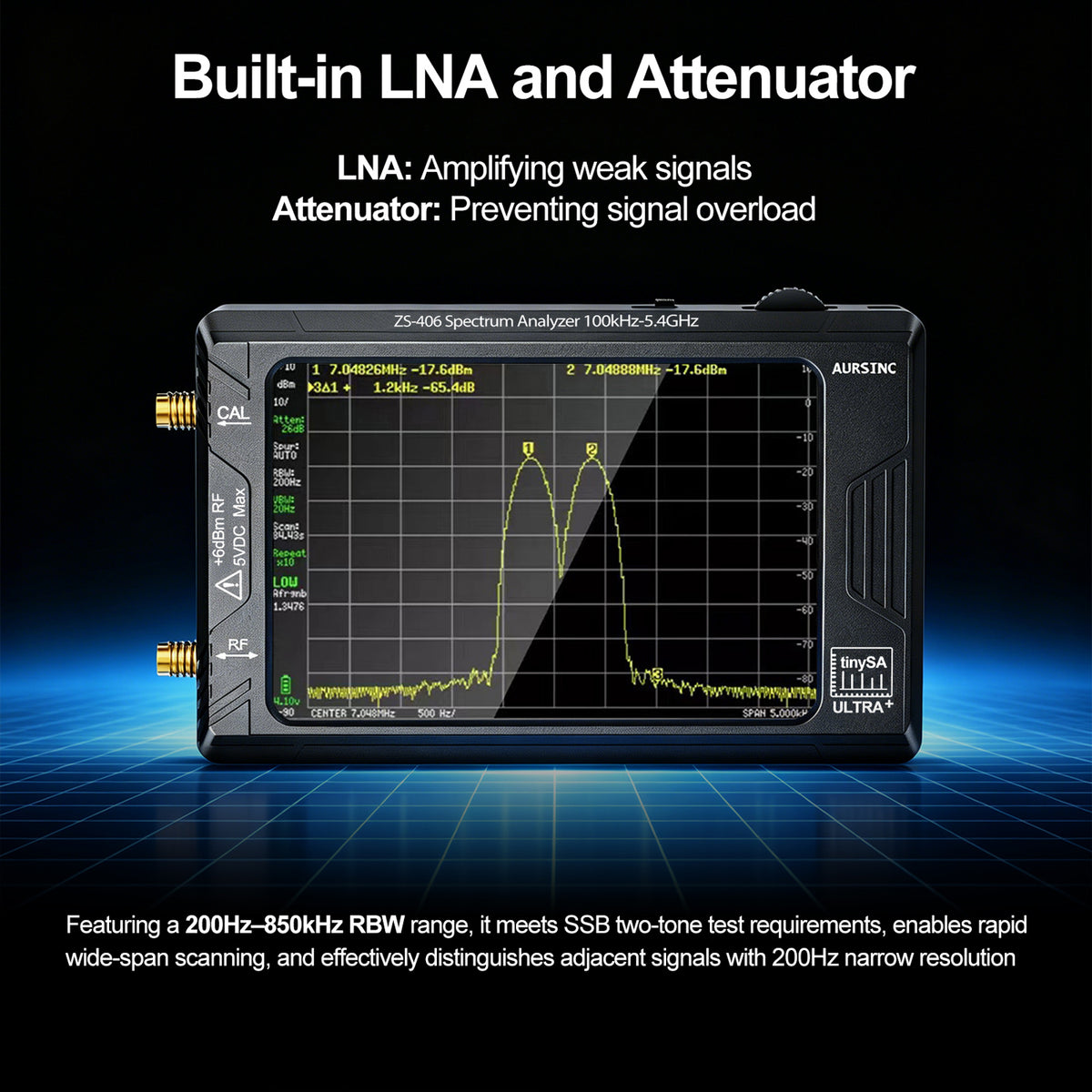 AURSINC TinySA Ultra+ ZS406 with 50W N-Type RF Attenuator, 100kHz-5.4GHz, DC-3GHz 50dB RF Attenuator Kit for Ham Radio & RF Signal Testing