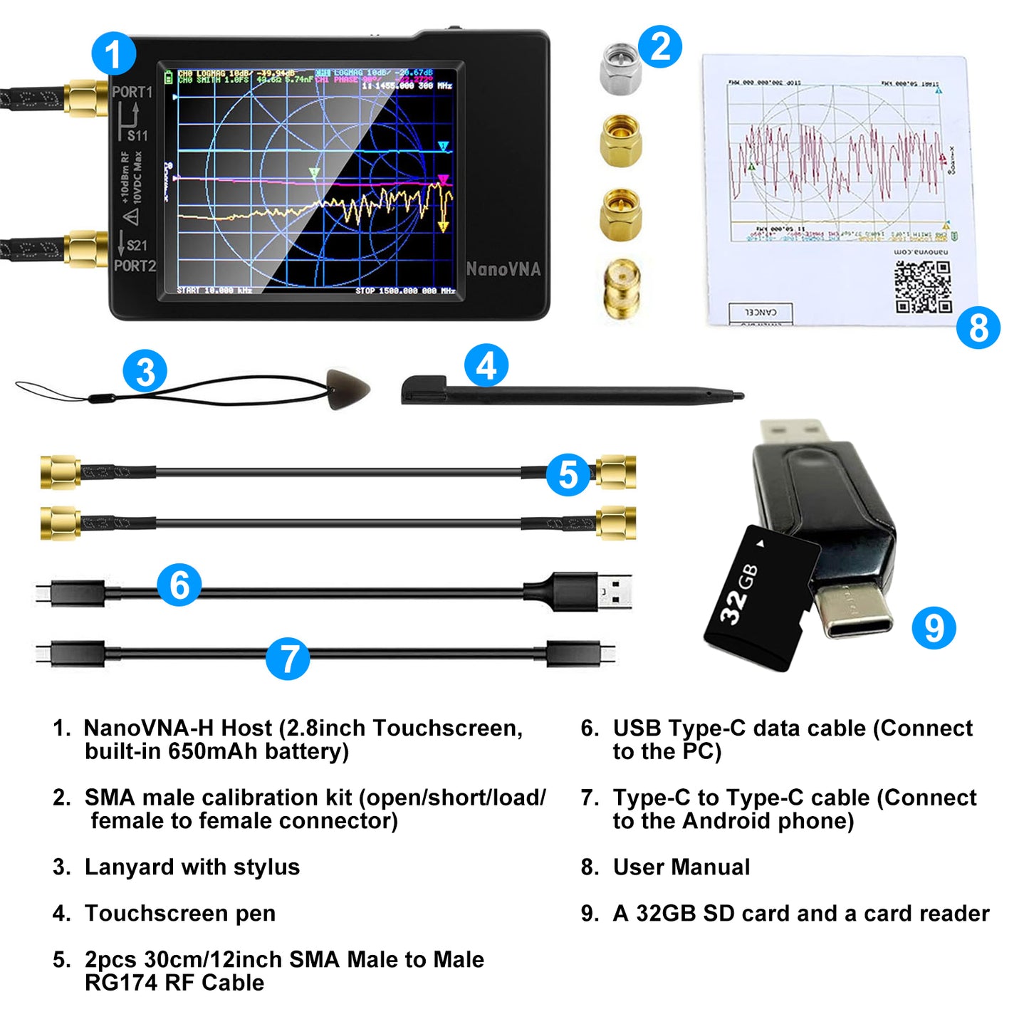 [Upgraded] AURSINC NanoVNA-H Vector Network Analyzer Latest HW Version 3.7, 9KHz -1.5GHz Antenna Analyzer with 32GB SD Card Support Data Storage, Measuring S Parameters, SWR, Phase, Delay, Smith Chart