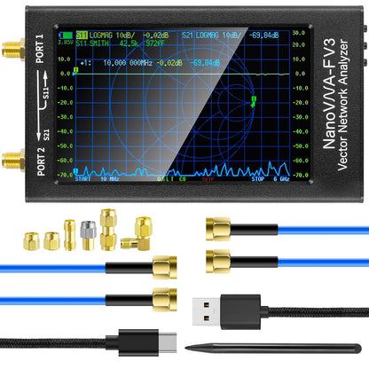 Verbesserter NanoVNA-F V3 Vektor-Netzwerkanalysator 4,3" 1 MHz–6 GHz Antennenanalysator Messung der S-Parameter Spannung Stehwellenverhältnis SWR, Phase, Verzögerung, Smith-Diagramm Unterstützung RTC Echtzeit 