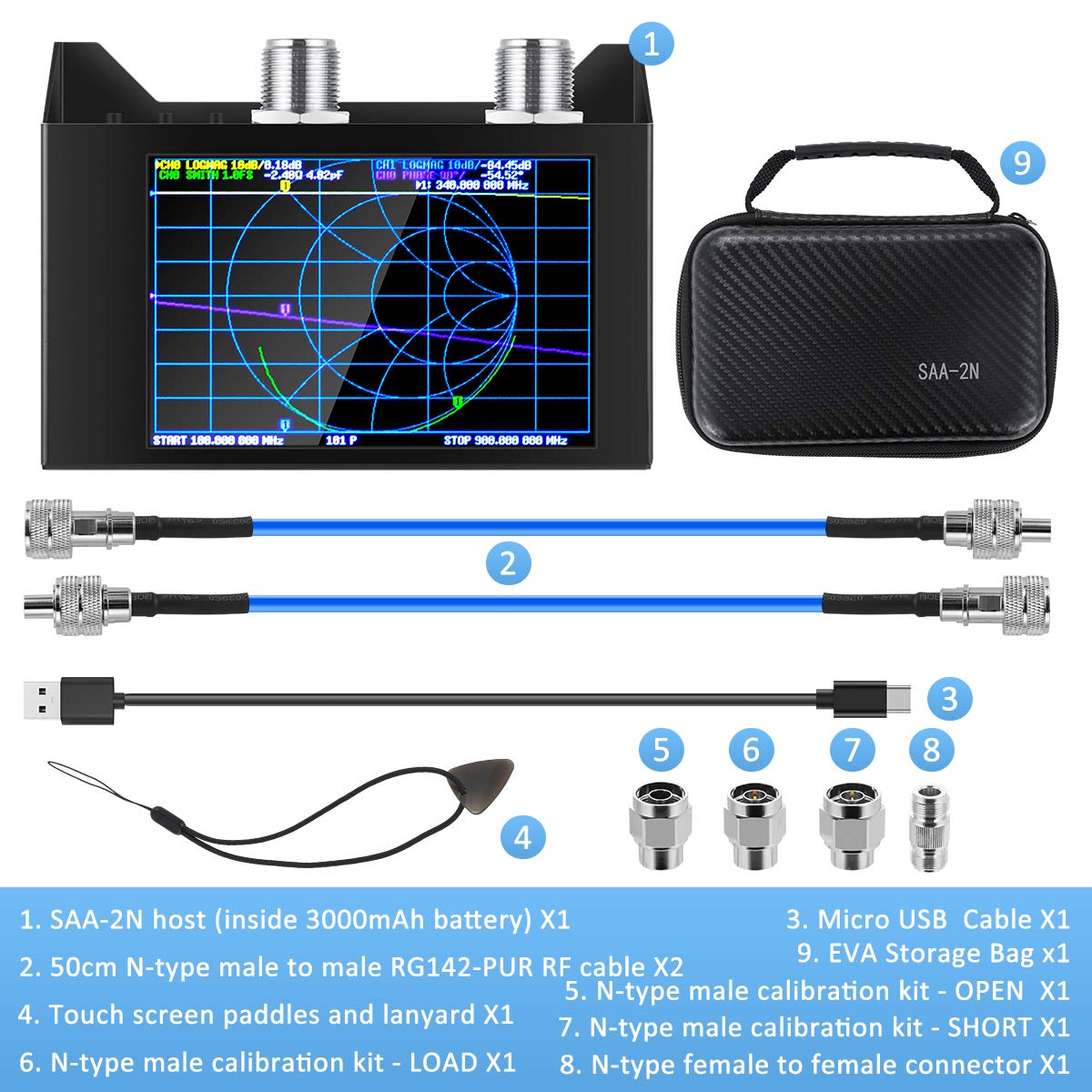 AURSINC NanoVNA SAA-2N V2.2 Vector Network Analyzer, 50KHz-3GHz 4" Touchscreen VNA Antenna Analyzer with Storage Bag