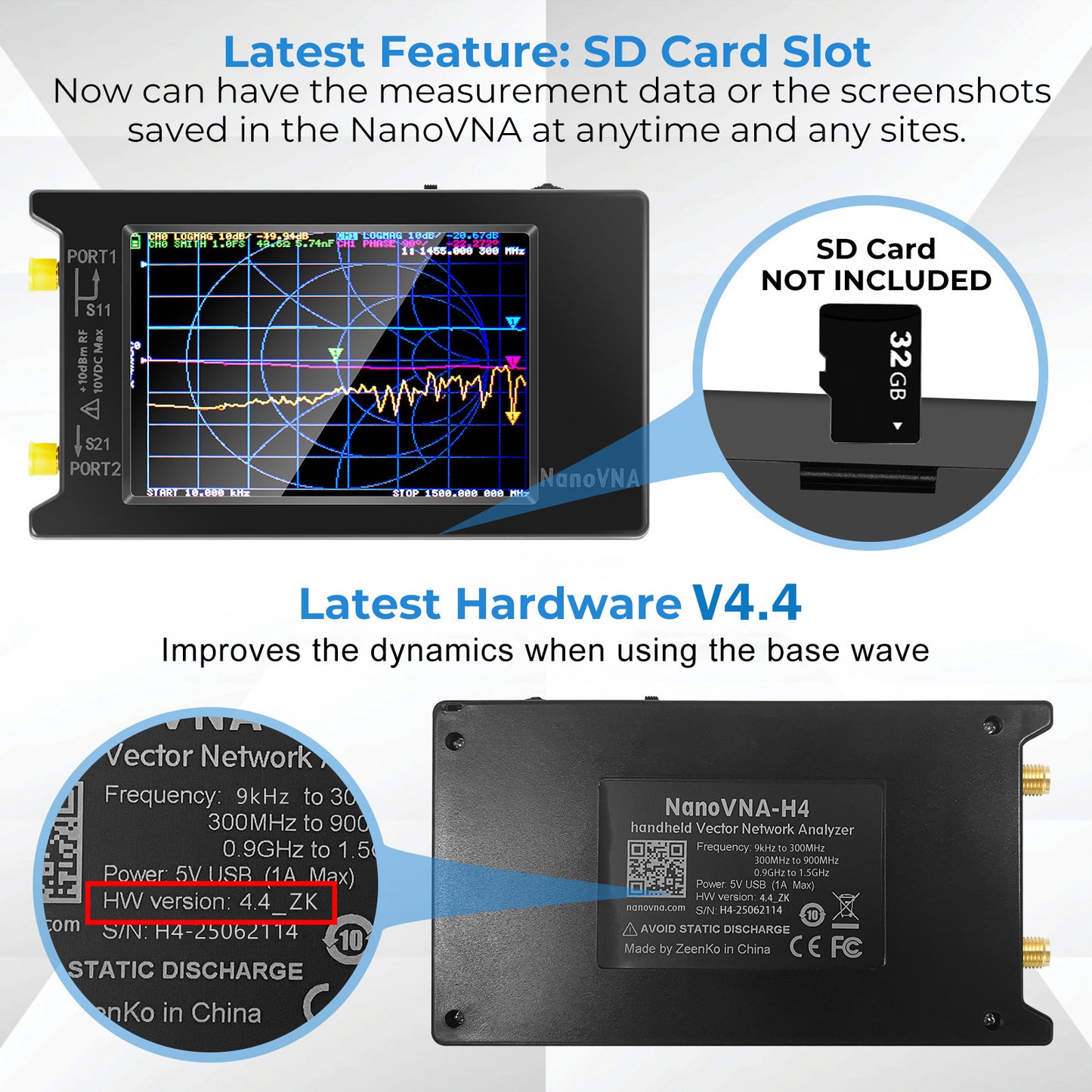 AURSINC Upgrated NanoVNA-H4 Vector Network Analyzer, Lastest V4.4 9KHz-1.5GHz HF VHF UHF 4" Touch Screen VNA Antenna Analyzer Ham Radio, Measuring S Parameters, SWR, Phase, Delay, Smith Chart