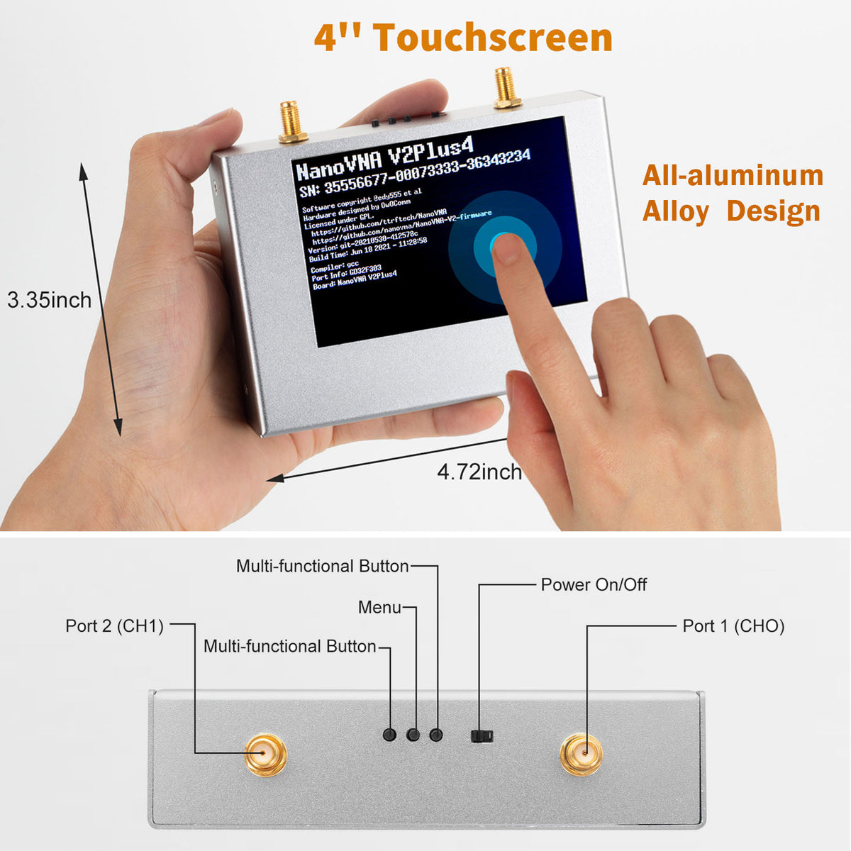 Verbesserter AURSINC NanoVNA V2 PLUS4 Vektor-Netzwerkanalysator, 4-Zoll-Touchscreen, 50 kHz – 4,4 GHz HF VHF UHF-Antennenanalysator zur Messung von S-Parametern, SWR, Phase, Verzögerung, Smith-Diagramm mit 3200 mAh-Akku 