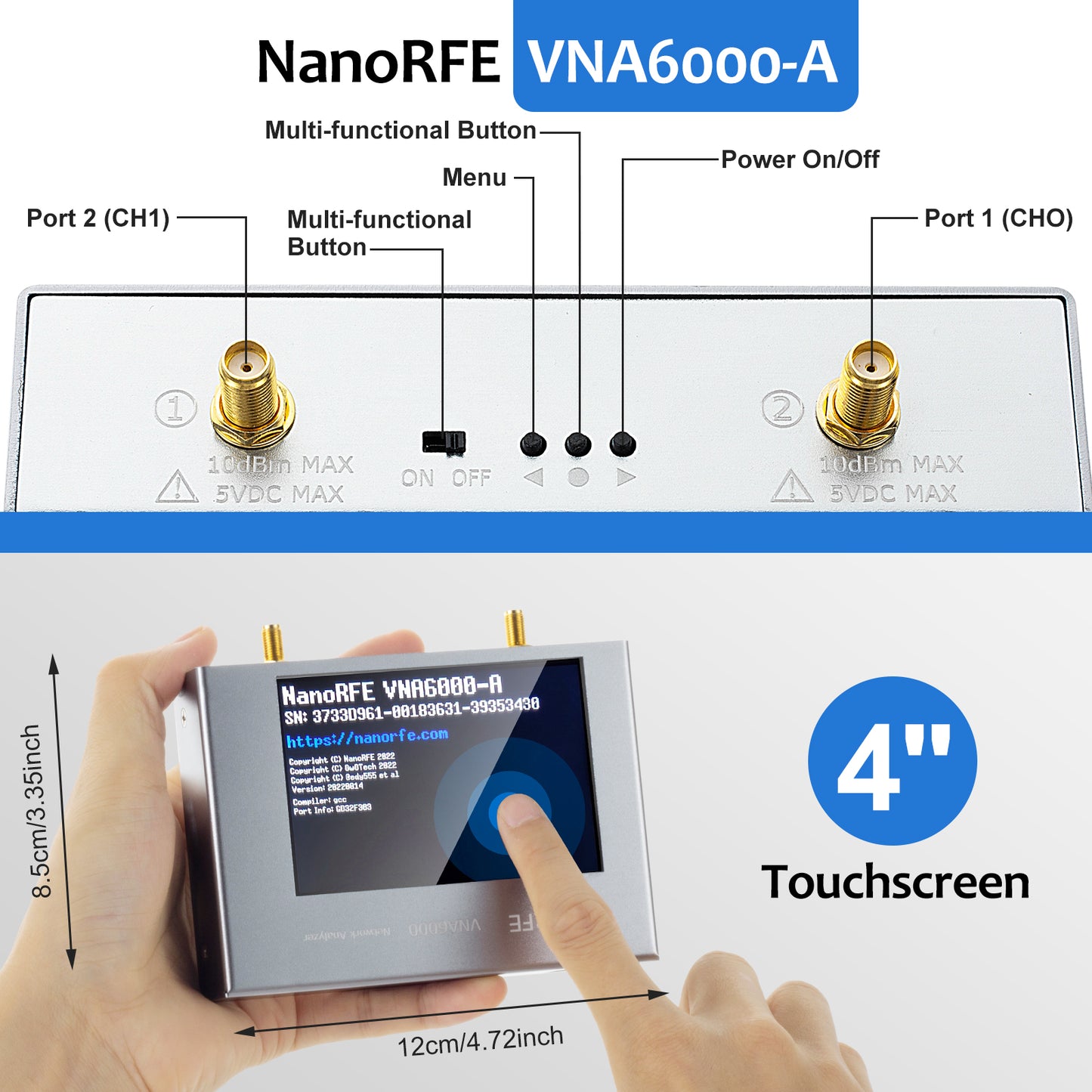 AURSINC Upgrated NanoVNA V3 NanoRFE VNA6000-A Vector Network Analyzer 50kHz-6GHz HF VHF UHF Portable Antenna Analyzer Ham Radio with 4'' Touchscreen Measuring S Parameters,SWR,Phase,Delay,Smith Chart