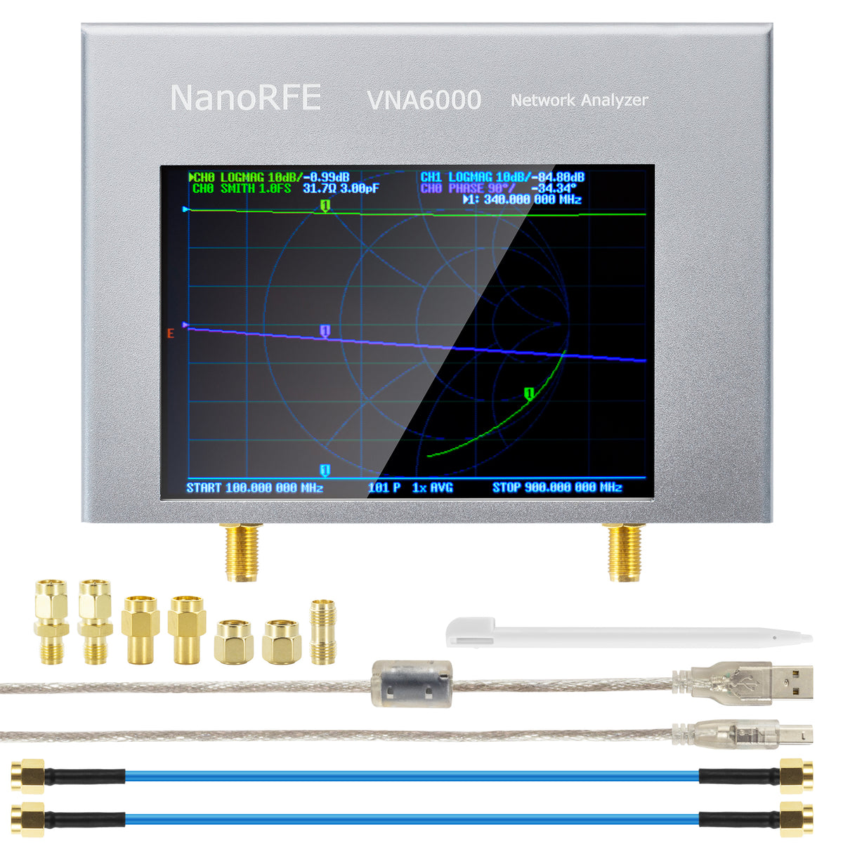 AURSINC Verbesserter NanoVNA V3 NanoRFE VNA6000-A Vektor-Netzwerkanalysator 50 kHz – 6 GHz HF VHF UHF Tragbarer Antennenanalysator Amateurfunk mit 4-Zoll-Touchscreen zur Messung von S-Parametern, SWR, Phase, Verzögerung, Smith-Diagramm 