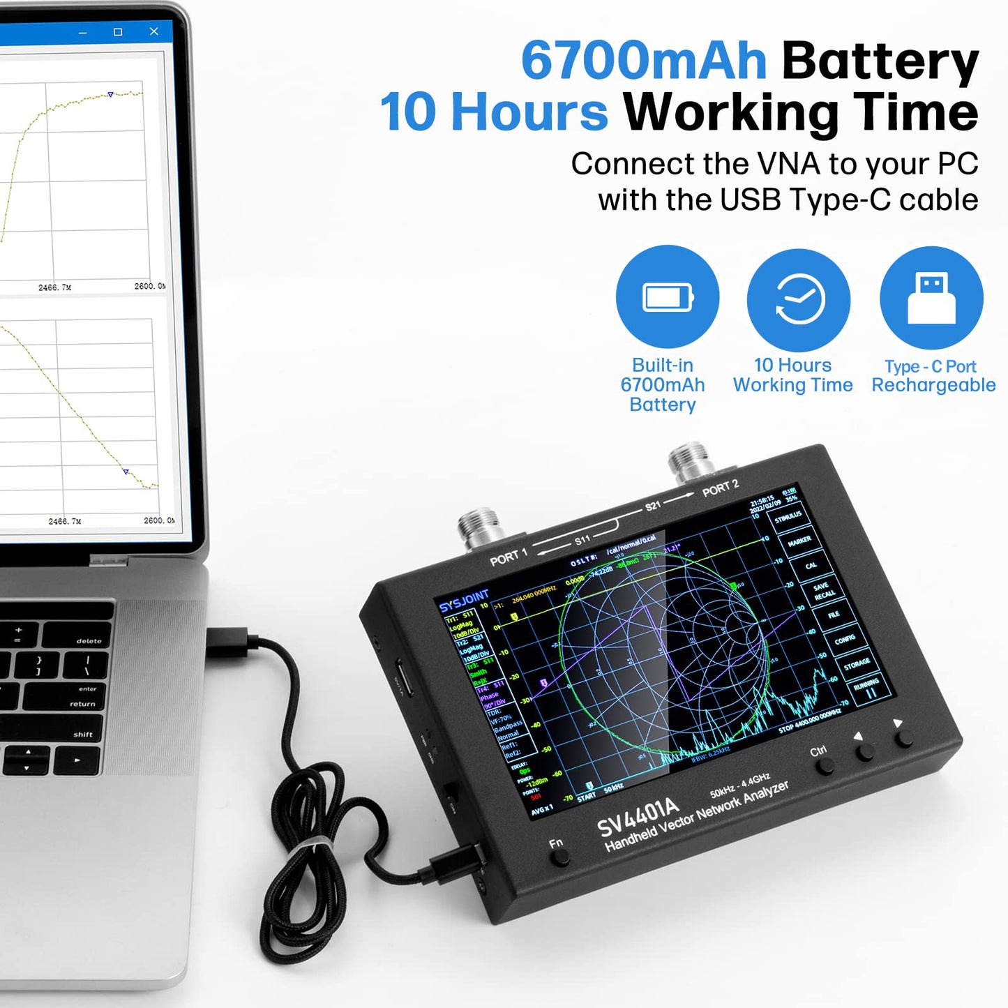 AURSINC 7inch NanoVNA SV4401A Vector Network Analyzer, 50KHz-4.4GHz Antenna Analyzer with 6700mAh Battery 8GB Storage Measuring S Parameters, Voltage Standing Wave Ratio, Phase, Delay, Smith Chart