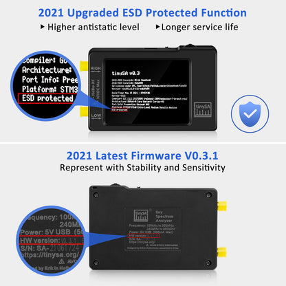 Portable Tinysa Spectrum Analyzer, AURSINC V0.3.1 Handheld Frequency Analyzer, Signal Generator 100kHz to 960MHz MF/HF/VHF UHF Input ESD Protected Function with 2.8 inch Touchscreen