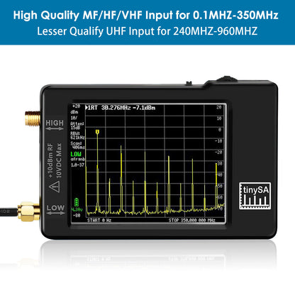 Portable Tinysa Spectrum Analyzer, AURSINC V0.3.1 Handheld Frequency Analyzer, Signal Generator 100kHz to 960MHz MF/HF/VHF UHF Input ESD Protected Function with 2.8 inch Touchscreen