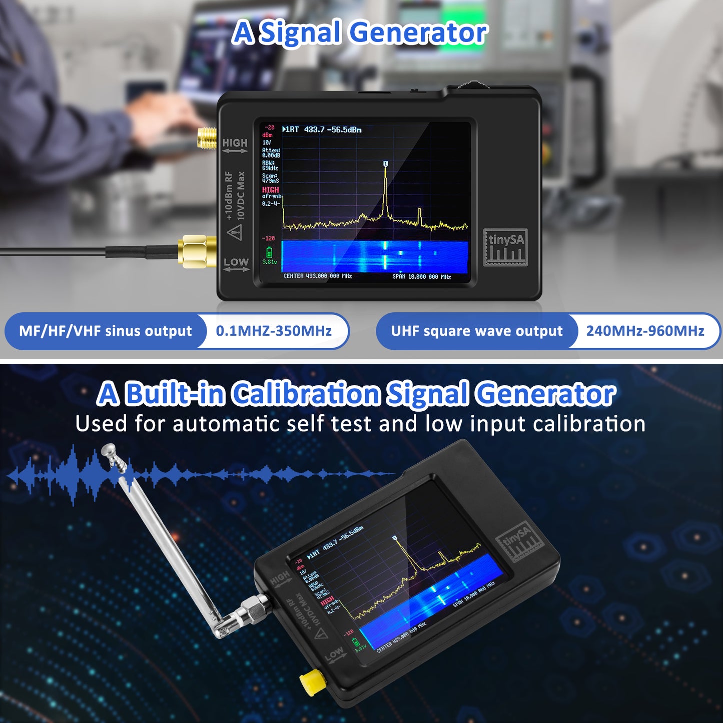 Portable Tinysa Spectrum Analyzer, AURSINC V0.3.1 Handheld Frequency Analyzer, Signal Generator 100kHz to 960MHz MF/HF/VHF UHF Input ESD Protected Function with 2.8 inch Touchscreen