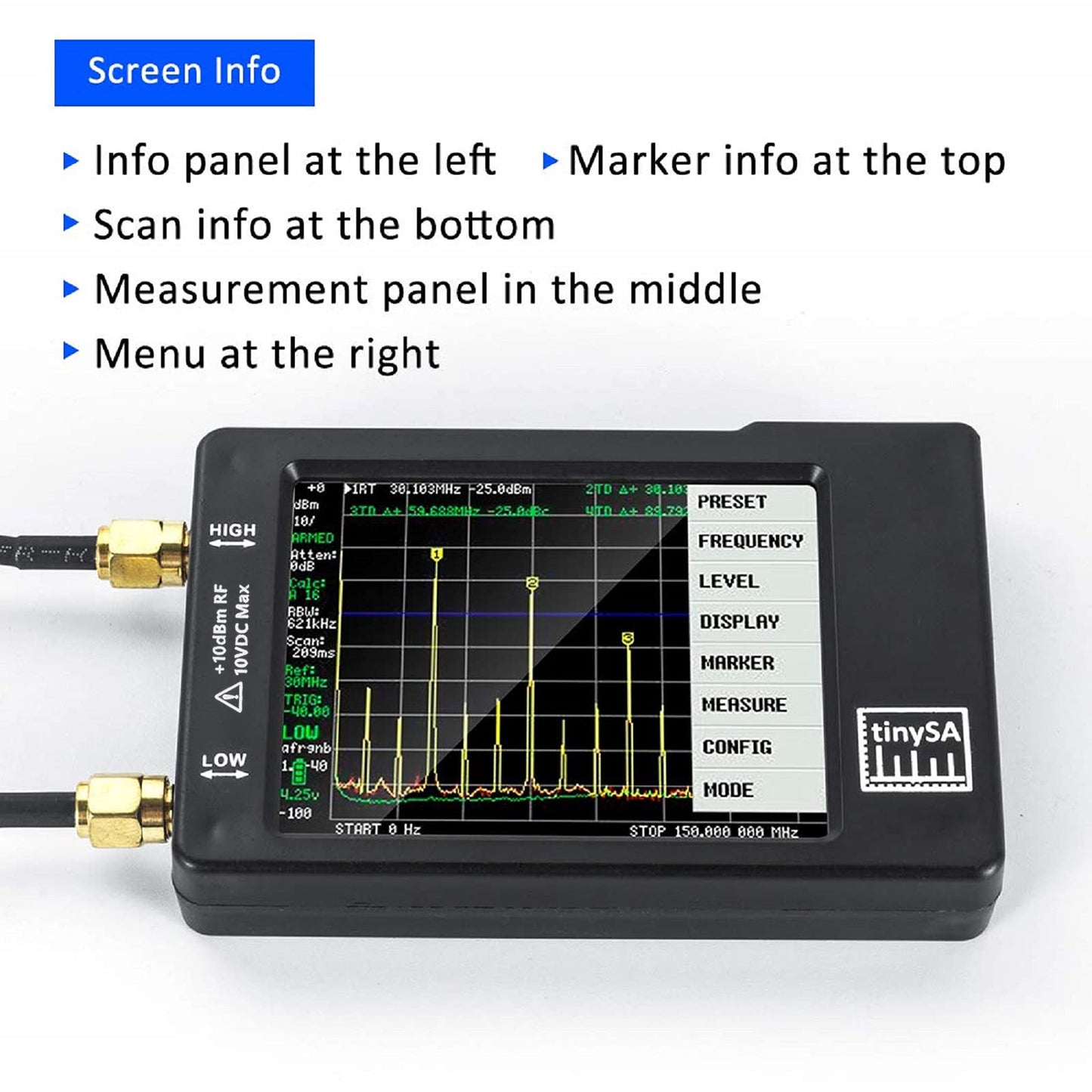 Portable Tinysa Spectrum Analyzer, AURSINC V0.3.1 Handheld Frequency Analyzer, Signal Generator 100kHz to 960MHz MF/HF/VHF UHF Input ESD Protected Function with 2.8 inch Touchscreen