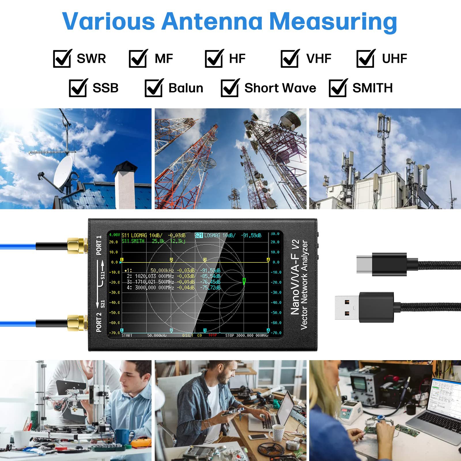 AURSINC NanoVNA-F V2 Vector Network Analyzer 4.3inch 50KHz-3GHz HF VHF