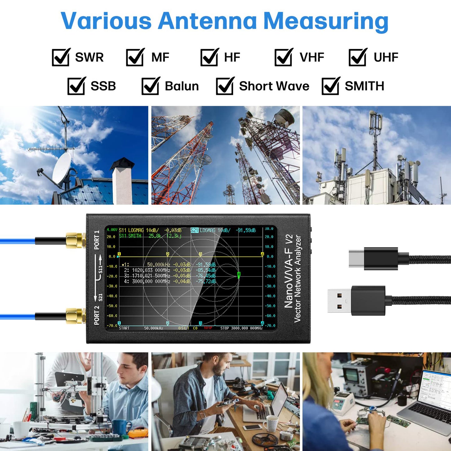 AURSINC NanoVNA-F V2 Vector Network Analyzer 4.3inch 50KHz-3GHz HF VHF UHF Antenna Analyzer Ham Radio, 5000mAh Battery, Measuring S-Parameters Voltage Standing Wave Ratio Phase Delay Smith Chart