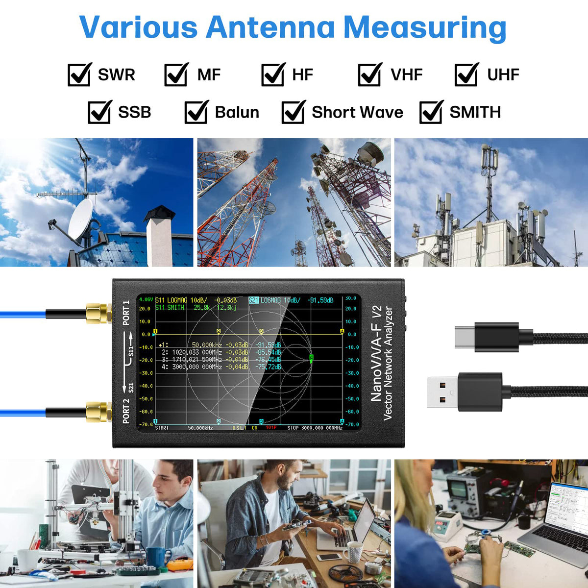 AURSINC NanoVNA-F V2 Vektor-Netzwerkanalysator, 4,3 Zoll, 50 kHz – 3 GHz, HF, VHF, UHF, Antennenanalysator, Amateurfunk, 5000 mAh Akku, Messung der S-Parameter, Spannung, Stehwellenverhältnis, Phasenverzögerung, Smith-Diagramm 