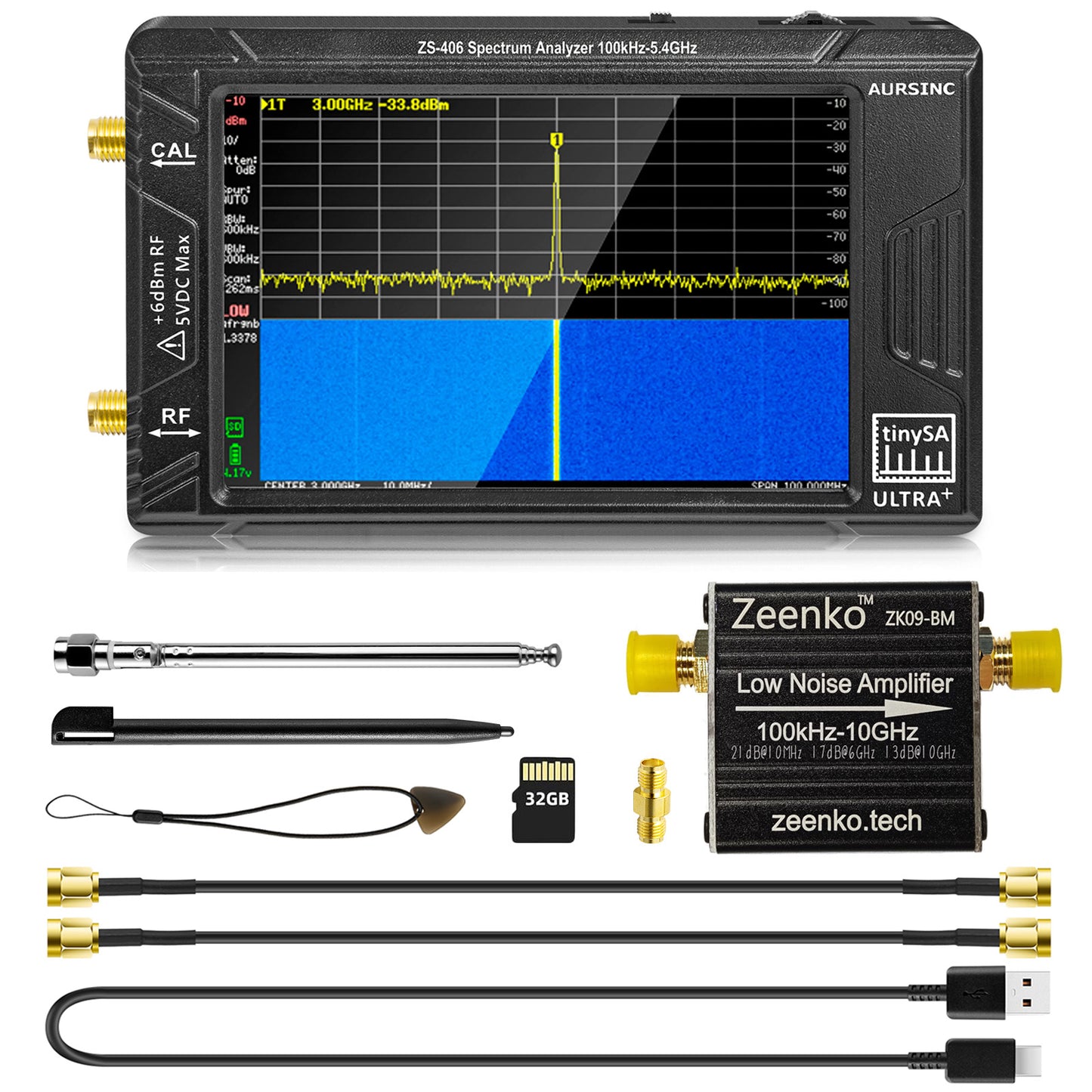 AURSINC TinySA Ultra+ ZS406 Spectrum Analyzer, 4.0 Inch 100kHz-5.4GHz Handheld Tiny Frequency Analyzer with ZK09-BM LNA Amplifier, Ultra-Broadband, 100k-10GHz, 21db Gain, with 32GB Card, 2025
