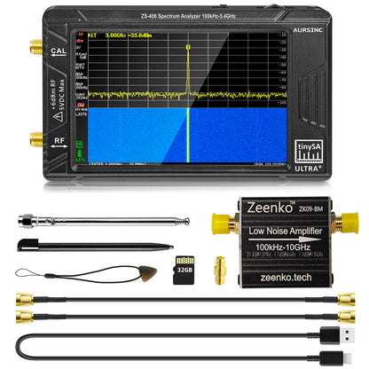 AURSINC TinySA Ultra+ ZS406 Spectrum Analyzer, 4.0 Inch 100kHz-5.4GHz Handheld Tiny Frequency Analyzer with ZK09-BM LNA Amplifier, Ultra-Broadband, 100k-10GHz, 21db Gain, with 32GB Card, 2025